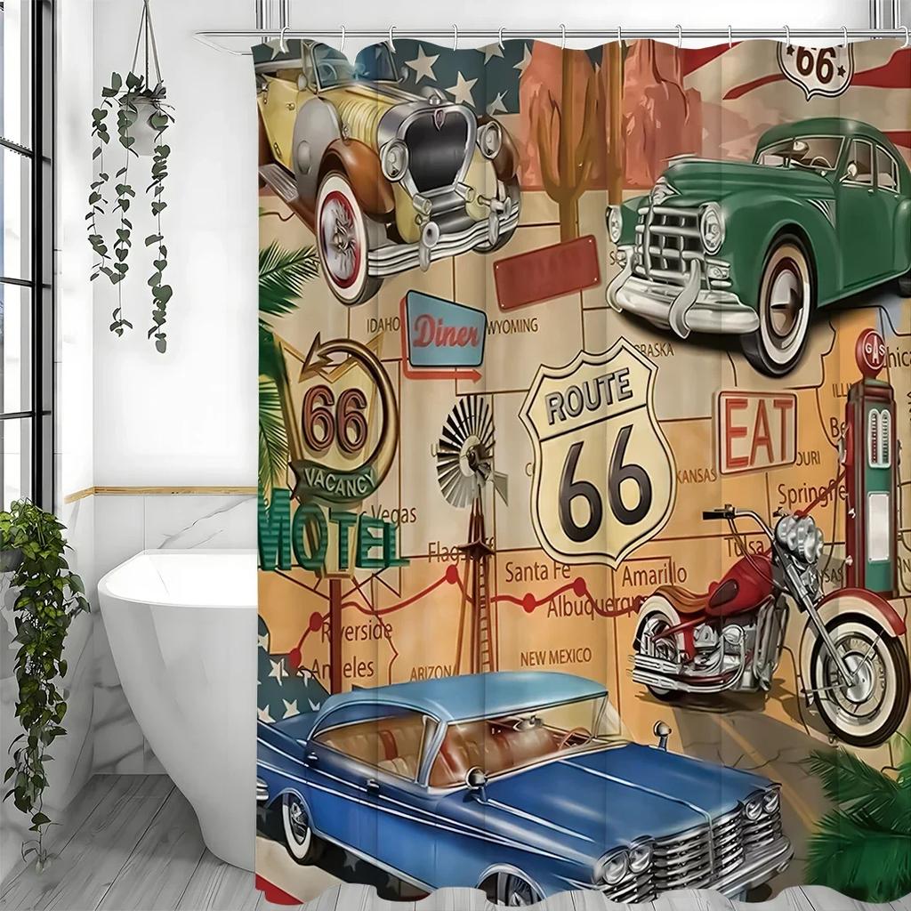 Route 66 Theme Background Comic Book Vintage Road Map Cars Motorcycles Historic Shower Curtain, Bathroom Decorative Shower Curta