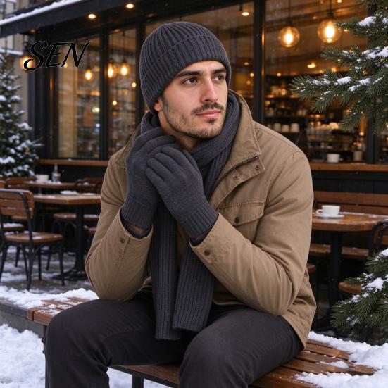 Soft Non Scratchy Winter Warmth Kit Men Knitted Hat Scarf Gloves Set, Solid Color Beanies, Warm Comfortable Windproof Knit for Daily Commute