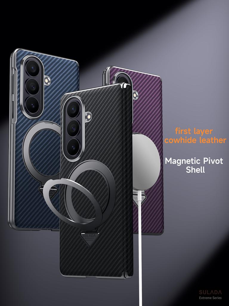 Original Sulada Carbon Fiber Grain Leather Magsafe Case For Samsung Galaxy Z Fold8Ultra 7 Hinge Ring Holder Bracket Back Cover