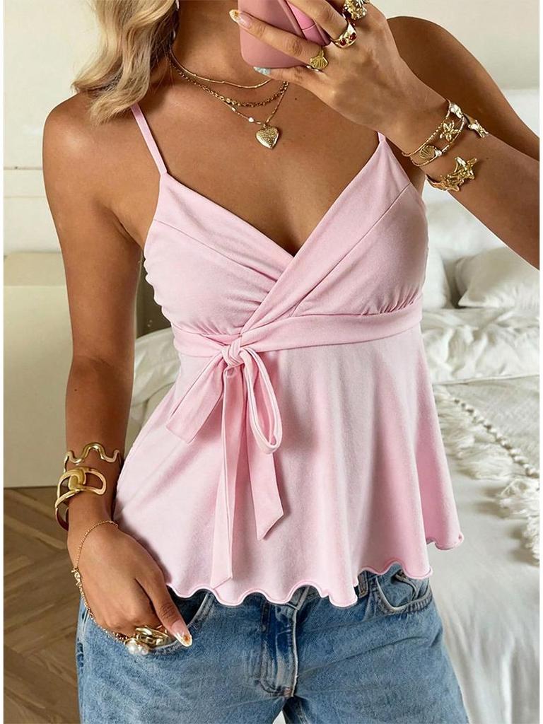 2026 V-Neck Waist-Cinching Ruffled Camisole for Women - European/American Style, Slimming Sleeveless Top