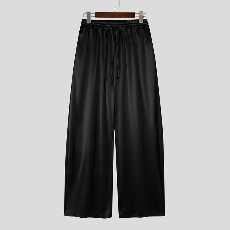 

INCERUN Men s Elastic Waist Smooth Shiny Long Wide Legs Pants Trousers and White Semi-Sheer S чёрный