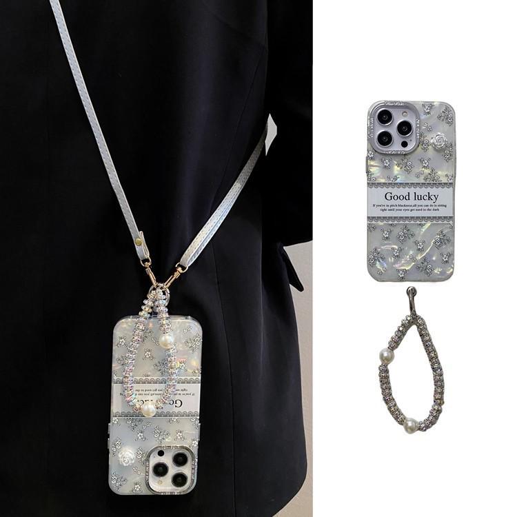 Lux Shell Texture Camellia iPhone 17 Pro Max Case with Apple 16 Rhinestone Bracelet for 15 PM