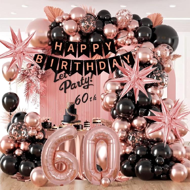 Rose Gold Aluminum Foil Birthday Balloon Decorations Set With Birthday Buntings Number Balloons For 40th 50th 60th 70th