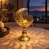 Suporte de Velas Oco Dourado Suporte de Ferro Recortado, Lanterna Decorativa de Metal Lua Crescente Estrela para Ramadã Porta-Vela Pequena Eid Mubarak Decoração de Mesa Islâmica,