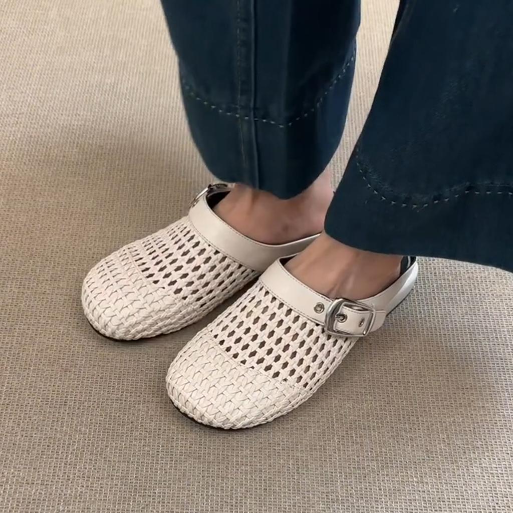 Sheepskin Version~ Women's One-pedal Belt Buckle Half Slippers Versatile Thick Heel Round Head Woven Bag Head Shoes