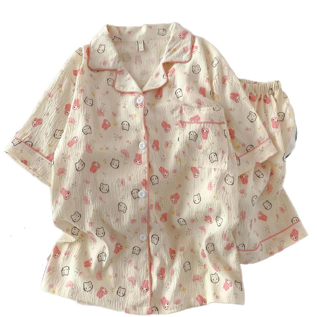 Women's Cartoon Cloud Cotton Pajama Set - Cardigan, Short Sleeve, Shorts, Home Wear