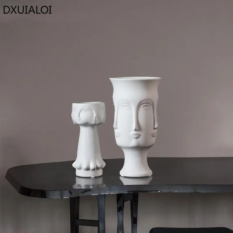 DXUIALOI Creative Human Face Art Vase Decoration Ceramic Crafts White Color Glaze Home Living Room Flower Arrangement Vase Decor