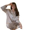 Korean Style French Fashion Leopard Print Ice Silk Pajamas for Women, Long Sleeve and Pants Set for Autumn and Spring