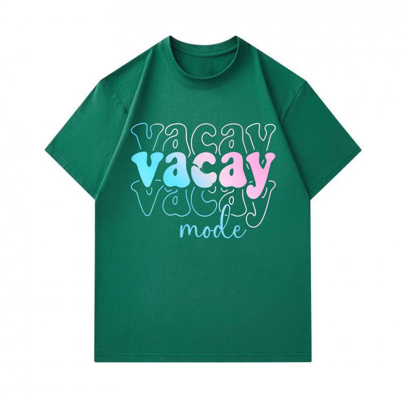 Men's 100% Cotton Crew Neck Short Sleeve T-Shirt, Casual Gradient Vacay Mode Letter Print Tees, Breathable Soft Summer Tops for Daily Holiday Travel W