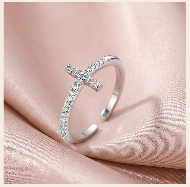 Cross Ring for Women 14k Gold Plated Sideway Cross Adjustable Open Ring Cubic Zirconia Jewelry