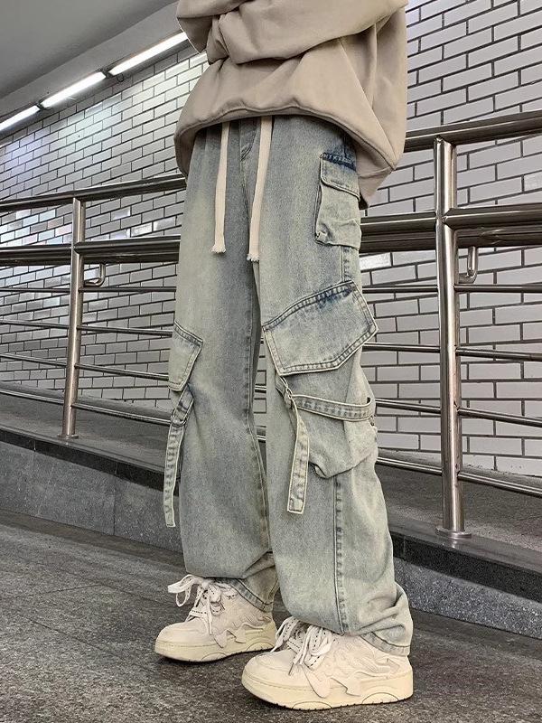 Men's Multi-Pocket Cargo Jeans - Loose Fit, Wide Leg, Spring/Autumn/Winter Casual Trend Pants