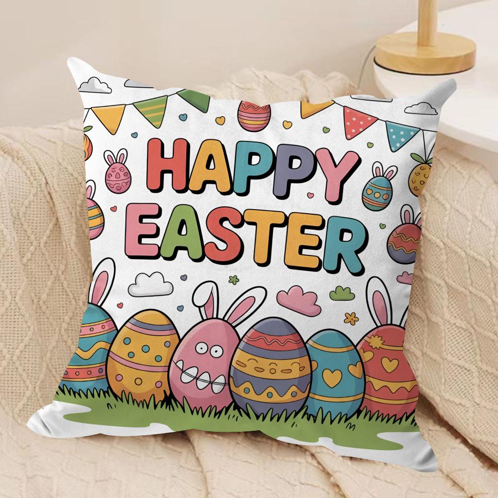 Happy Easter Cartoon Cute Cushion Cover Silky Short Plush Invisible Zipper Dustproof Sofa Pillow Case For Home Decor