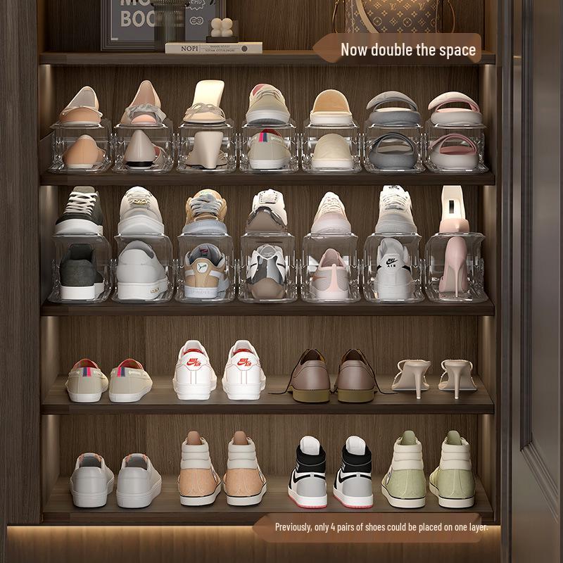 Mid-Century Adjustable Double-Layer Transparent Shoe Rack Organizer