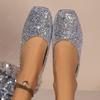 Damen Frühling und Sommer Neue Damenschuhe Pailletten Schimmernd Flacher Ausschnitt Damen Single Shoes Eckige Zehenpartie Flacher Boden Blockabsatz Lässige Single Shoes