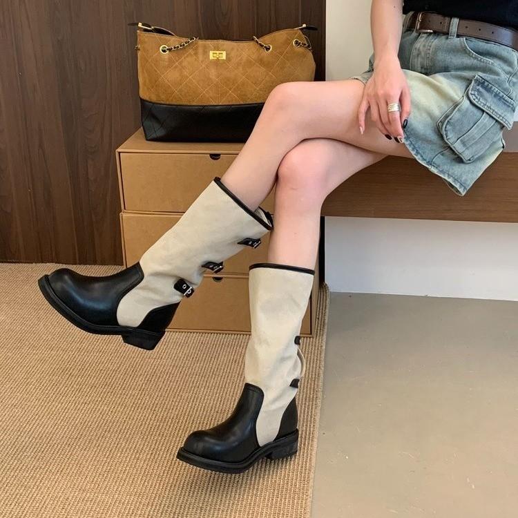 Retro Splicing Belt Buckle Medium Boots Women's Thick Heel Knight Boots Versatile and Thin Western Cowboy Fashion Boots