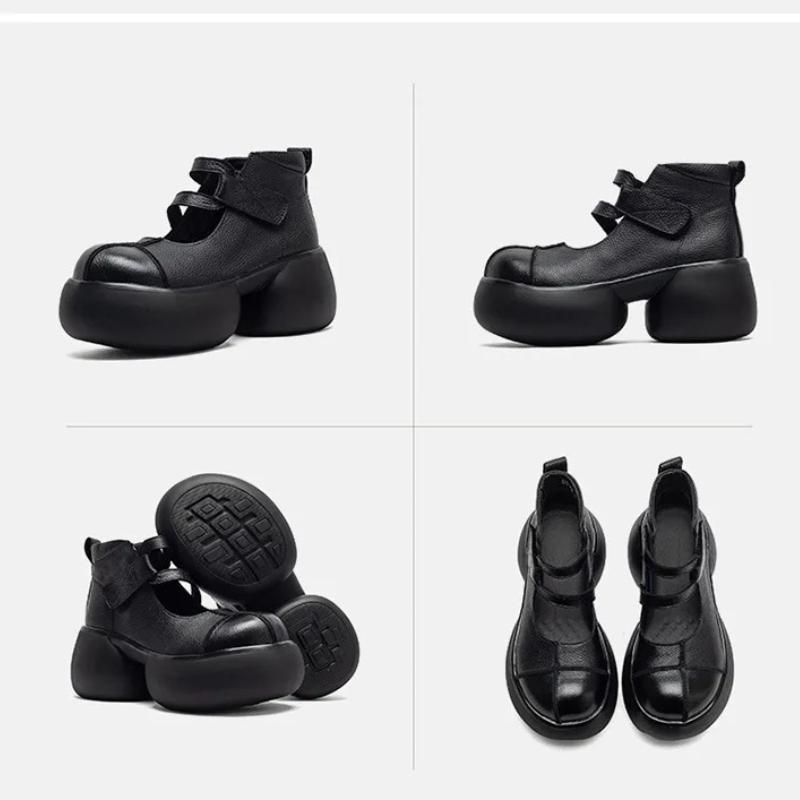 Johnature Skórzane Retro Czółenka na Grubej Platformie z Obcasem Okrągły Nosek Zapięcie na Rzepy Damskie Buty Platformowe