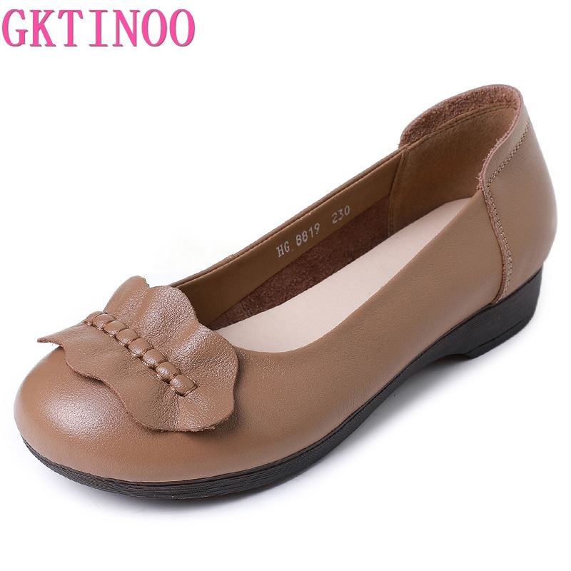 Fashion GKTINOO 2025 New Spring Round Toe Soft Genuine Leather Shoes Flat Shoes Large Size Comfort Soft Sole Women Casual Shoes