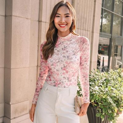 Women's Floral Tops Layering Shirt Slim Sheer Mockneck Mesh Long Sleeve Fit Fall Spring Going Out