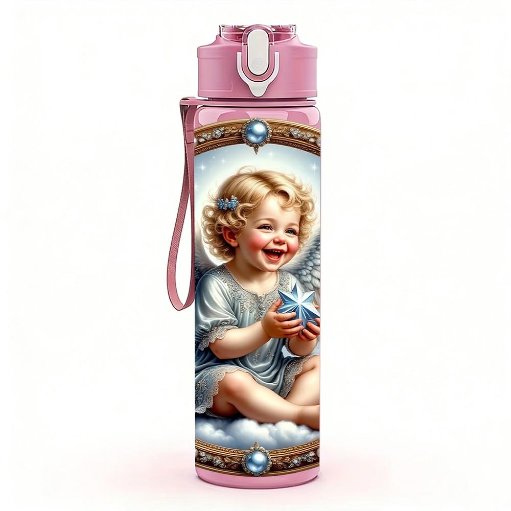 1PC Vintage Angel Baby Religious 750ml Color Plastic Sports Water Bottle Leakproof Flip Straw Lid Suitable for Sports Office Home Use