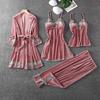 1011 New Golden Velvet Pajamas Four-piece Autumn and Winter Sexy Lace Hollow Suspender Pajamas Can Be Worn Outside Loungewear