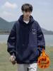 Men's Navy Blue Casual Hoodie: Autumn & Winter, American Style, Plus Velvet, Loose Fit, Plus Sizes Available