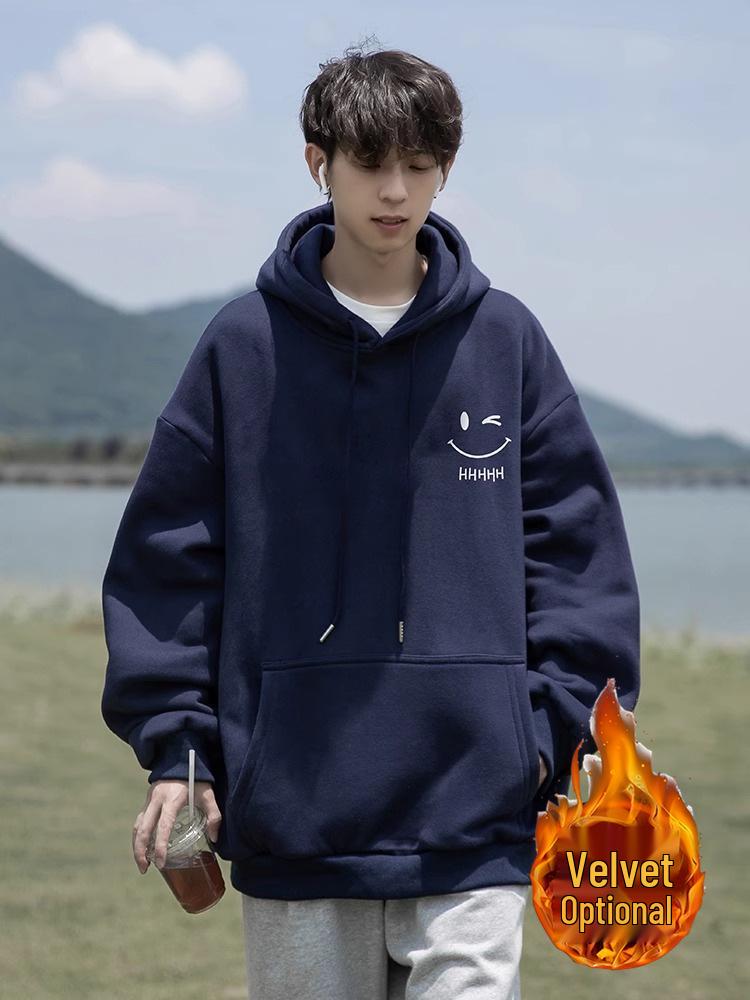 Men's Navy Blue Casual Hoodie: Autumn & Winter, American Style, Plus Velvet, Loose Fit, Plus Sizes Available