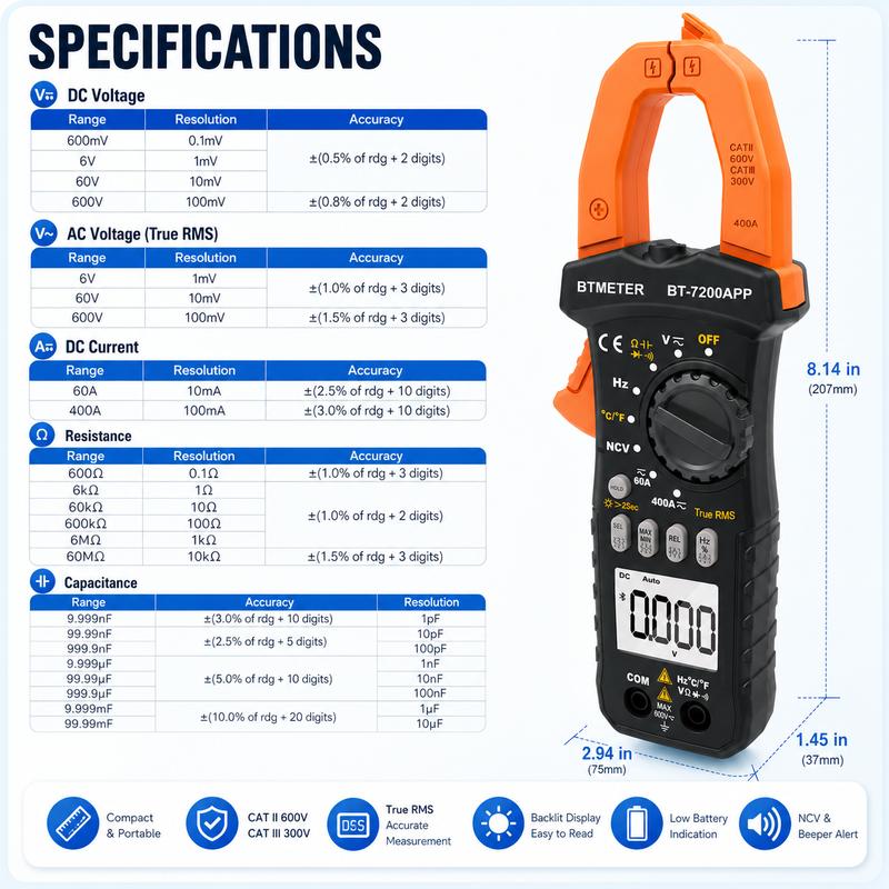 HP-7200-APP Bluetooth Clamp Meter, TRMS 6000 Counts Digital Multimeter, Non-contact AC DC Voltage Current Resistance Tester