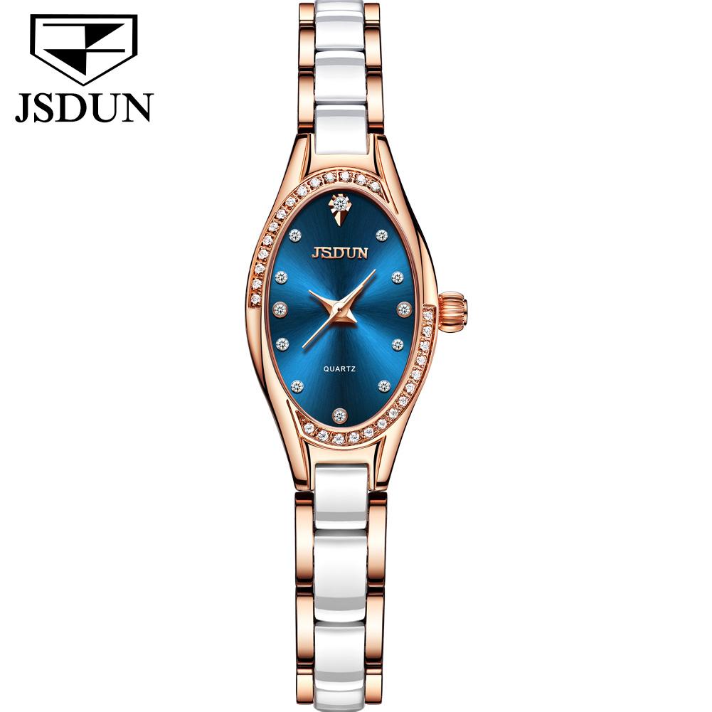 JSDUN Schweizer Quarzuhr für Damen Elegante Luxus-Roségold Keramik Stahlarmband Mode Ovales Diamantzifferblatt Armbanduhren 8842