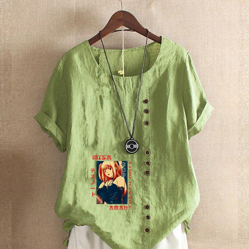 

Женская модная футболка с круглым вырезом и коротким рукавом, повседневная хлопковая льняная рубашка с принтом в виде персонажей мультфильмов, летняя блузка, топы 5XL зелёный