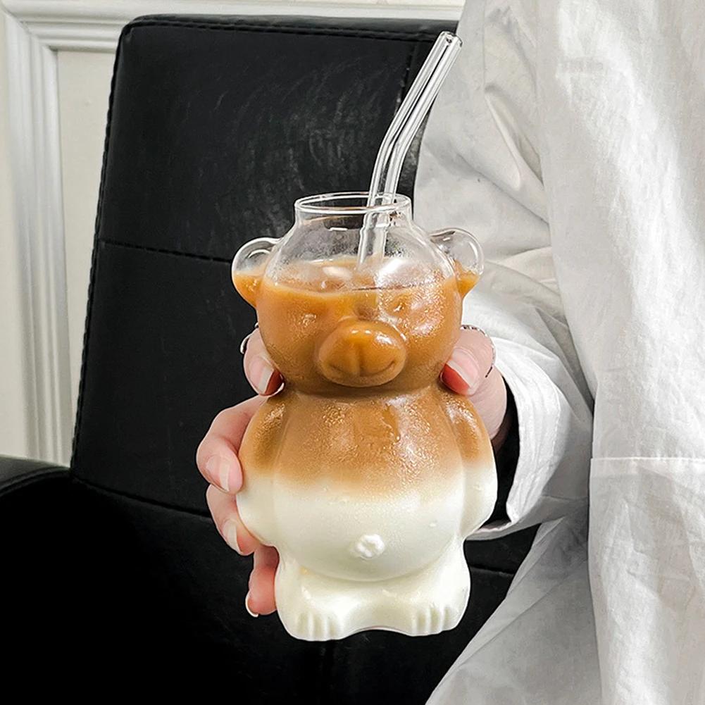 Cartoon Bärenförmige Kaffeetasse Ins Niedliche Bär Tasse Glasbecher mit Strohhalm Milch Gewindetasse für Frauen Kinder Haushalt Geburtstagsgeschenke