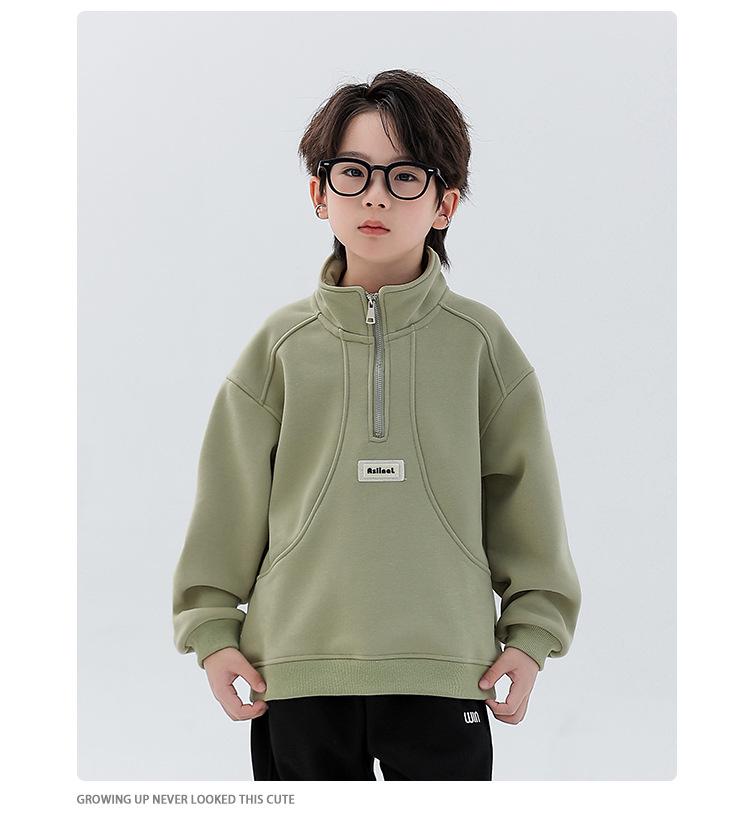 Boys' Fleece-Lined Half-Zip Sweatshirt: Trendy, Warm, Long-Sleeved Top for Autumn/Winter 2025