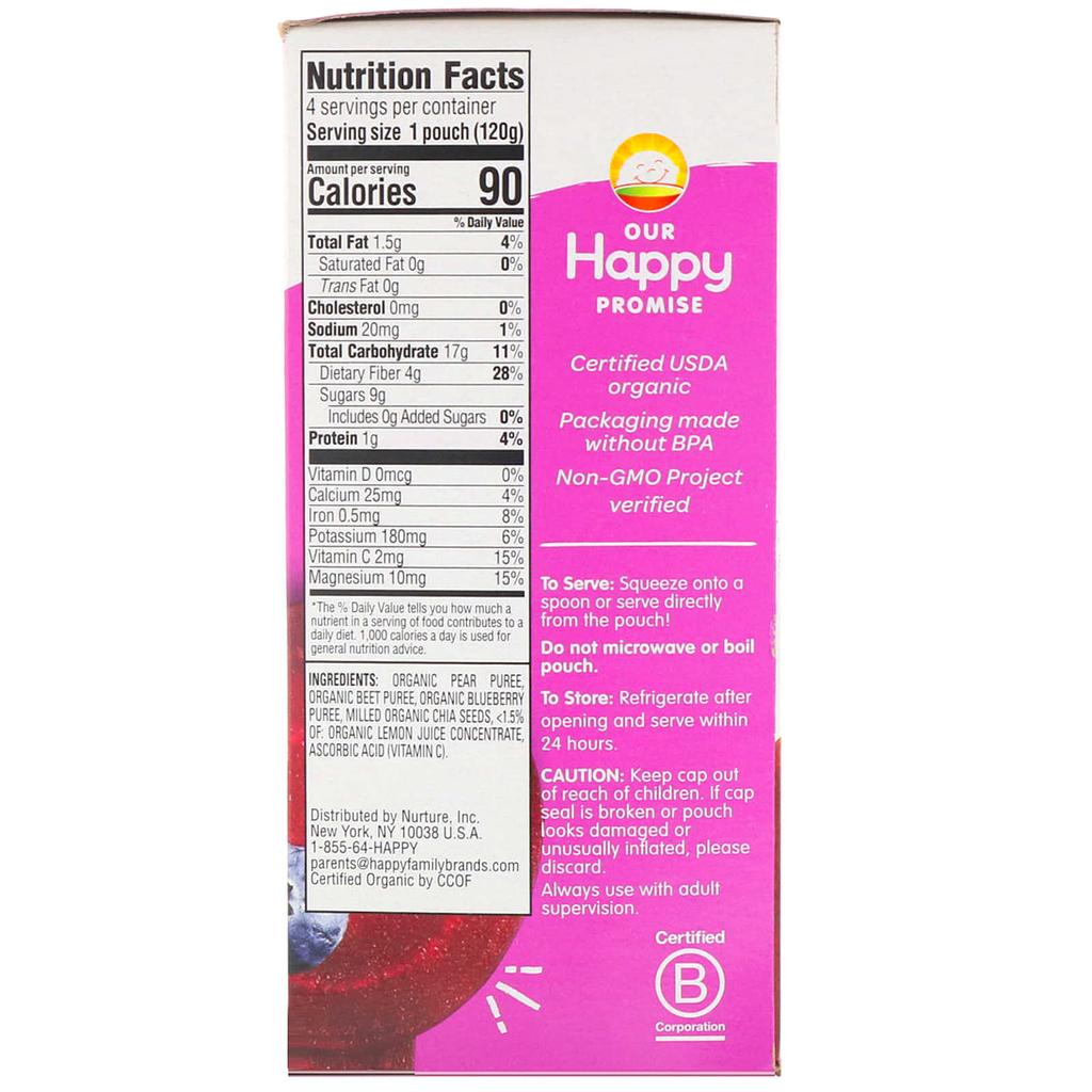 Happy Family Organics, Organic Happy Tot, Superfoods, Organic Pear, Beet & Blueberry + Super Chia, Step 4, 4 Bags, 4.22 oz (120 g) Each