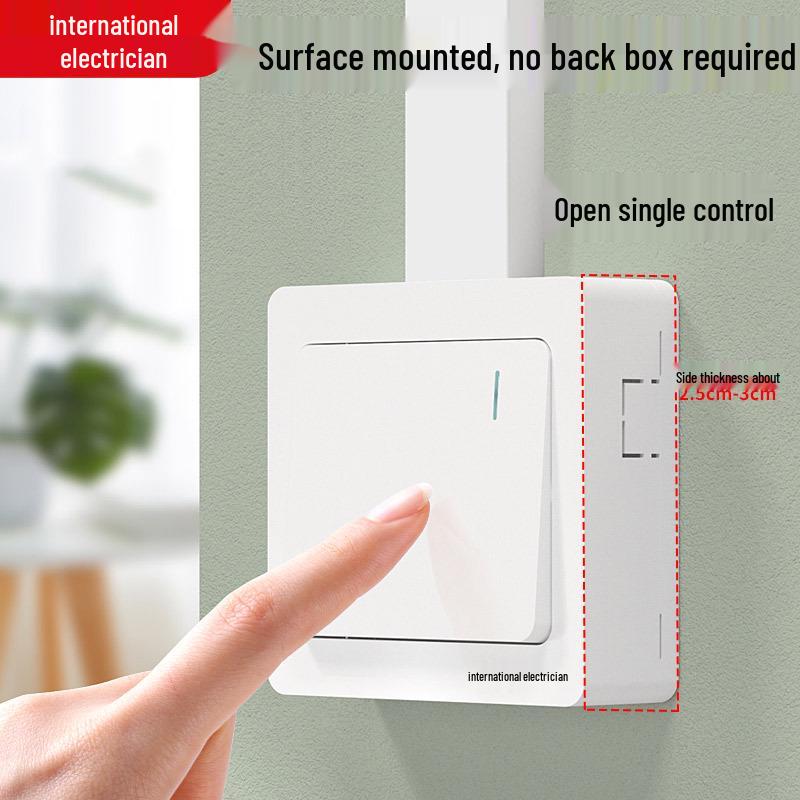 Ultra-Thin Surface-Mounted Single-Control Wall Switch & Socket Panel with Surface Box Outlet, One-Gang Push Button for Household Lighting.