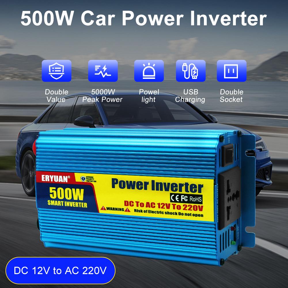 Car Power Inverter 500W Auto Power Supply Inverter Conversion USB Battery Clip DC 12V To AC 220V Battery Converter Cigarette lighter interface
