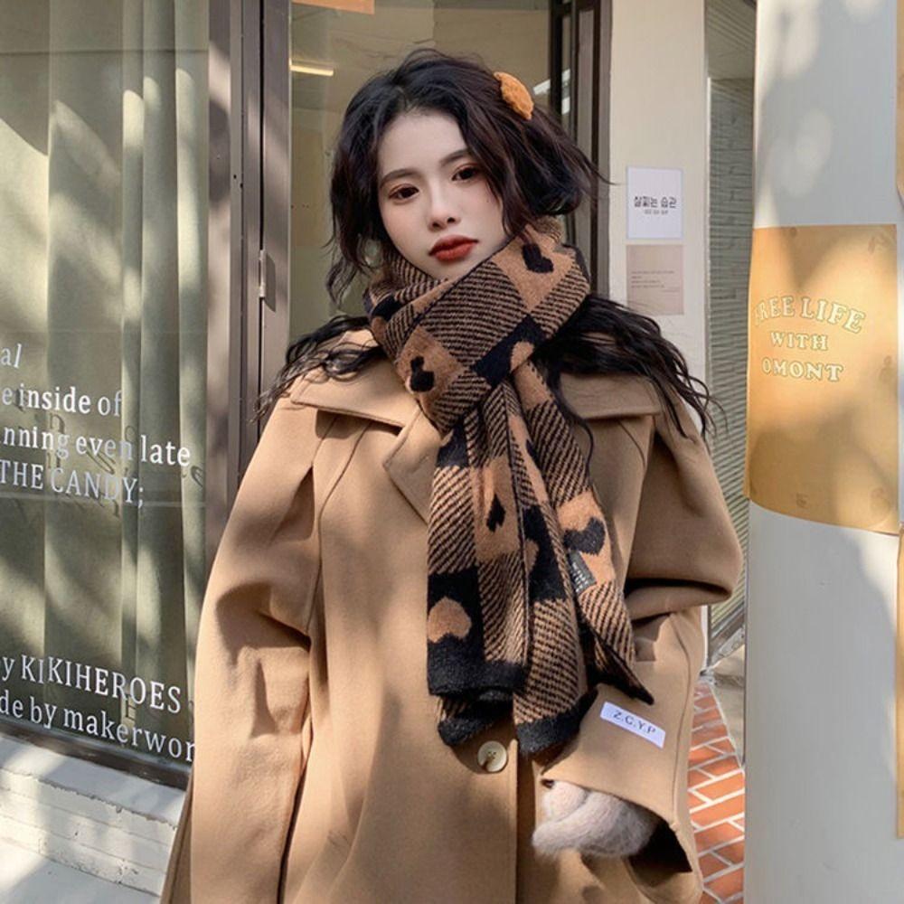 Korean Style Plaid Heart Scarf Thickened Winter Cashmere Shawl Elegant Y2K Checkered Scarf  Unisex