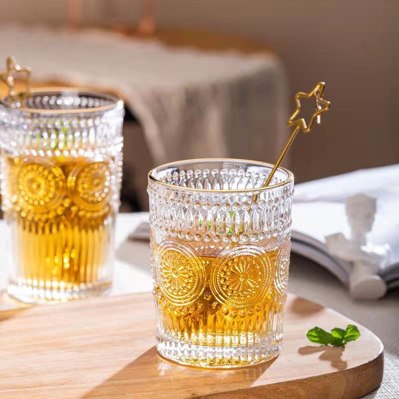 PINNY 300ML 350ML Scandinavian Style Embossed Sun Flower Glass Mug Transparent Round Drink Wine Milk Glass Cup Vintage Drinkware
