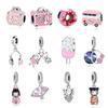 925 Silver Charms Pink Beads Plane Bus Travel CZ Fit Pan Bracelets Bangles Necklaces For Women DIY Jewelry