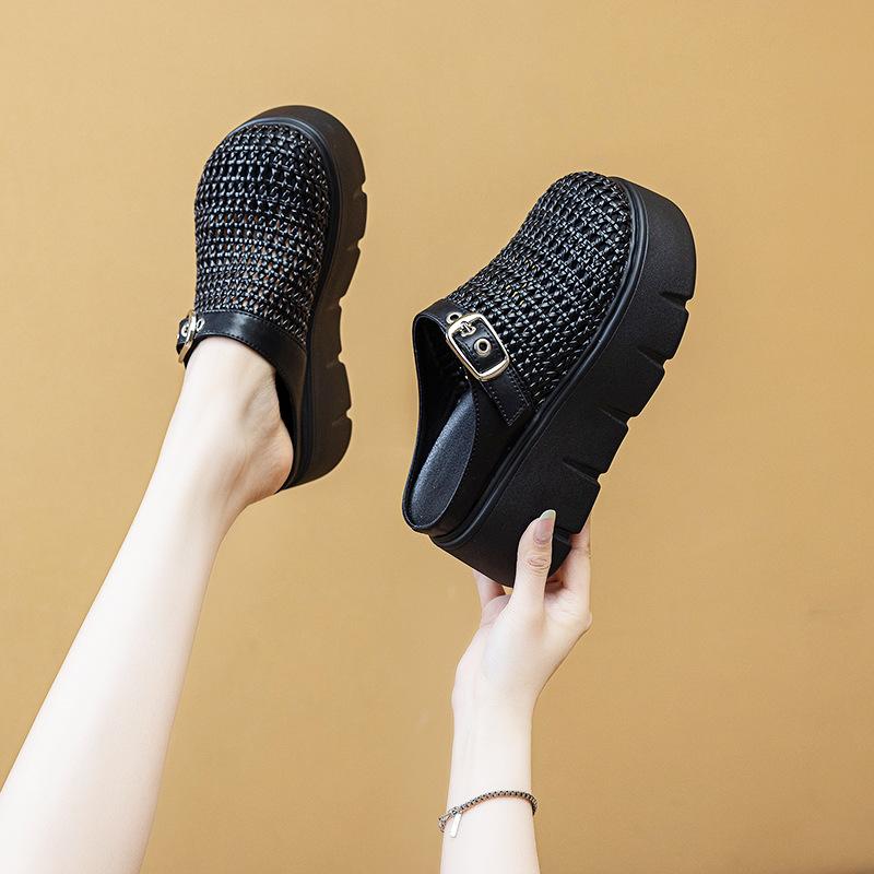 

Trendy versatile thick-soled bag head half slippers women s 2025 summer new hollow soft-soled one-pedal casual cool slippers 39 чёрный