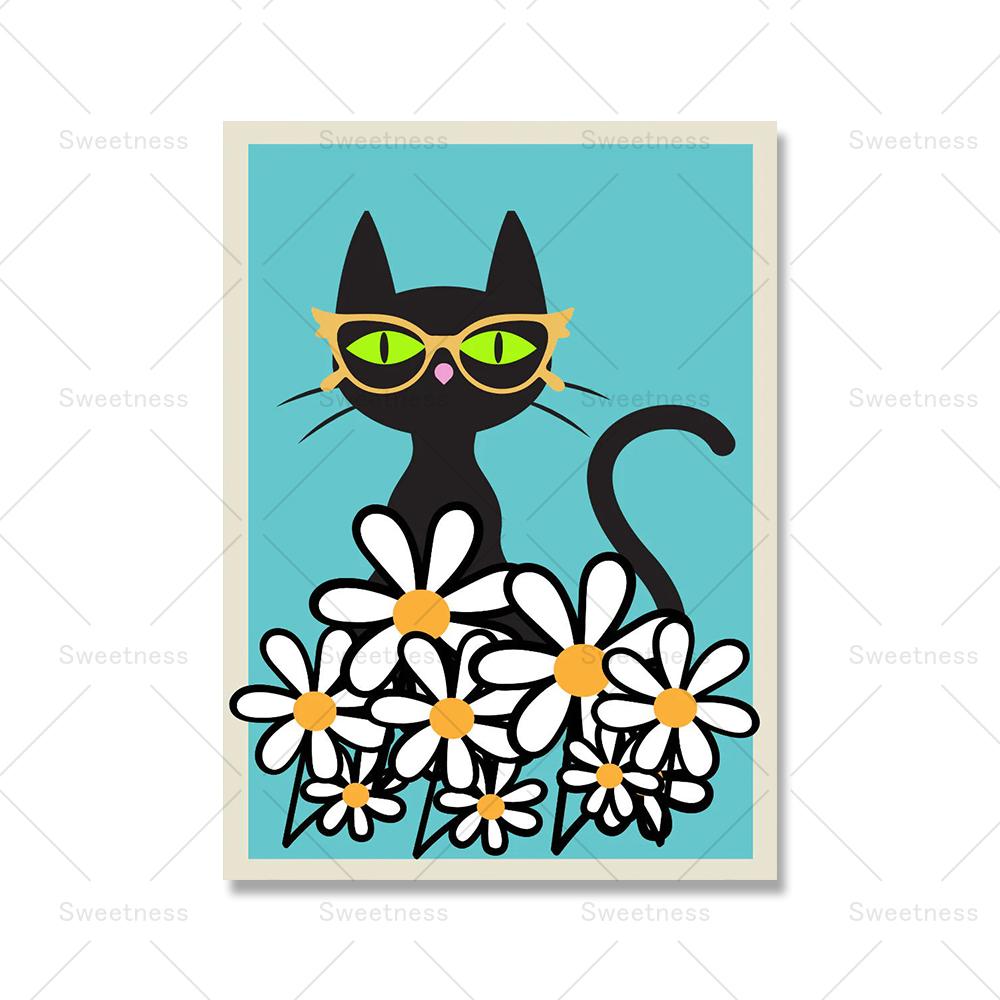 Lustige Katzen Mid Century Poster und Drucke Leinwand Malerei Schwarze Katze Wandbilder für Wohnzimmer Katzenliebhaber Geschenk Home Decoration Kein Rahmen