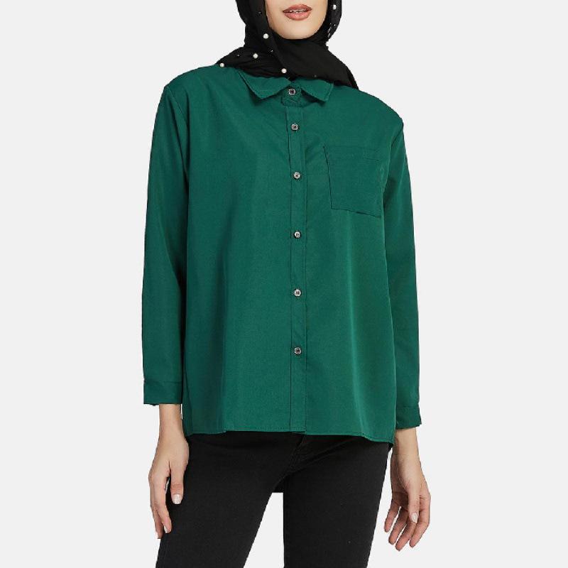 

Женская рубашка с длинным рукавом в корейском стиле ретро однотонная - свободного кроя 2XL зелёный