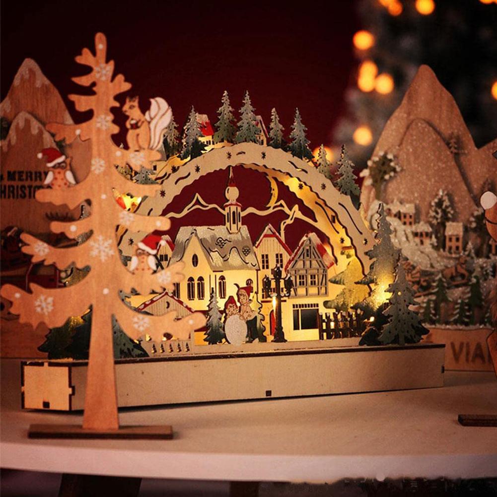 Holz-LED- und Buch-Desktop-Dekor, LED-Brückenlichter-Ornament, beleuchtete Weihnachtshaus-Dorfszene, Tisch-Cottage-Stadthaus-Dekor