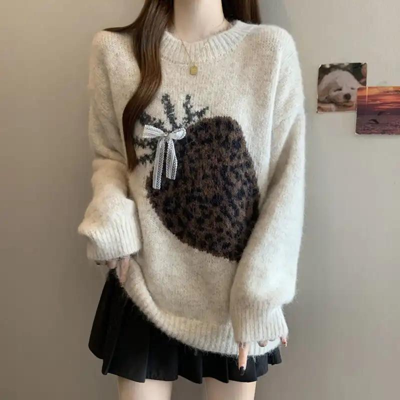 Autumn Winter College Style Soft Waxy Jacquard Fashionable Knitted Sweater Korean Thickened Round Neck Bottoming Shirt Top