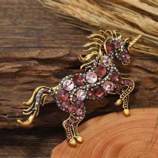 Broche Style Rétro Strass Étincelants Incrustés Design Cheval Broche Épinglette Revers de Col de Costume Badge Accessoire Élégant