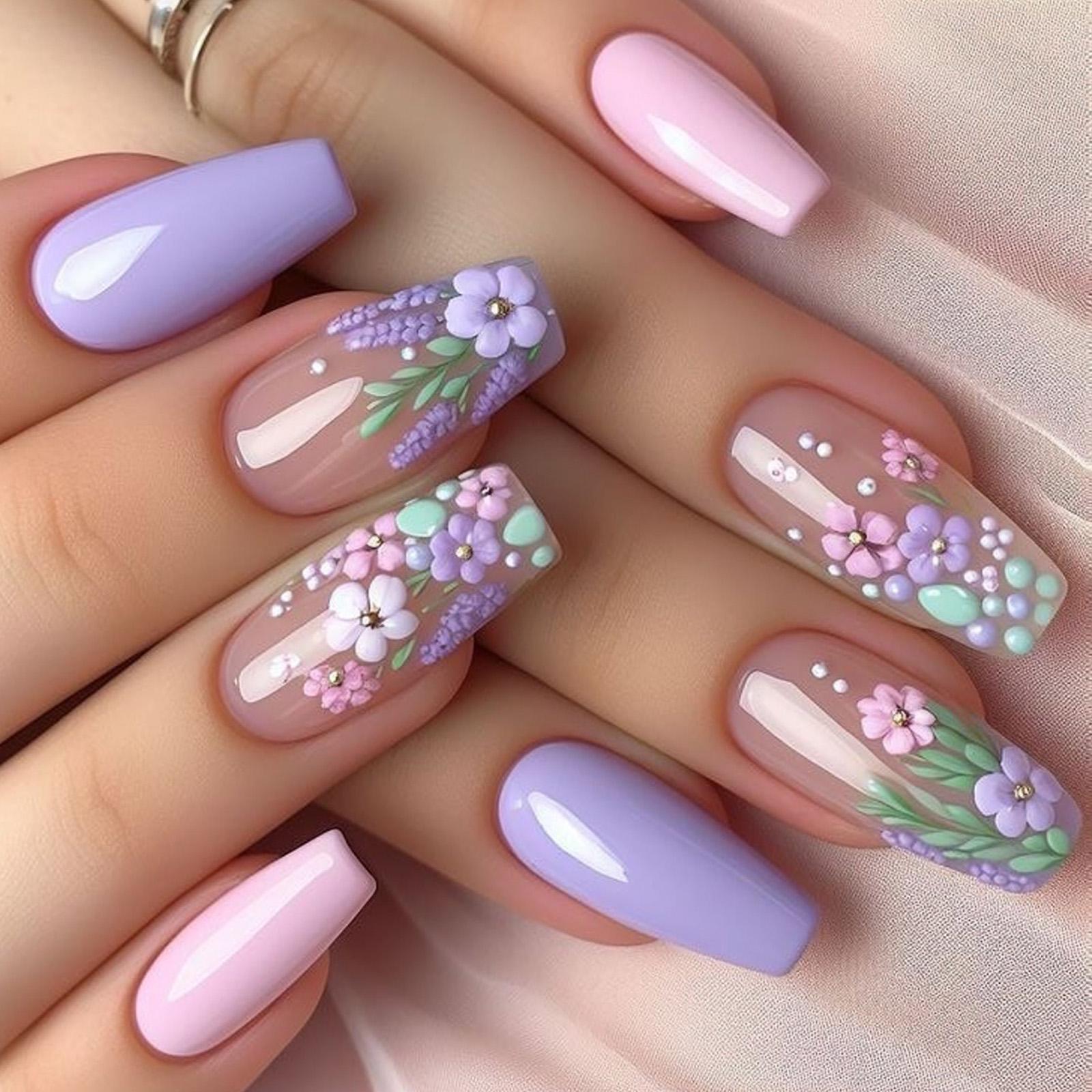 

24 шт. фиолетовые искусственные ногти короткие балерины полное покрытие накладные ногти глянцевые наклейки на ногти 3D цветы накладные ногти