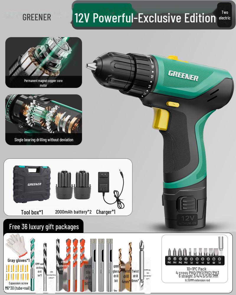 Green Forest Rechargeable Lithium Hand Drill - Multi-Function Electric Screwdriver for Household & Wall Drilling