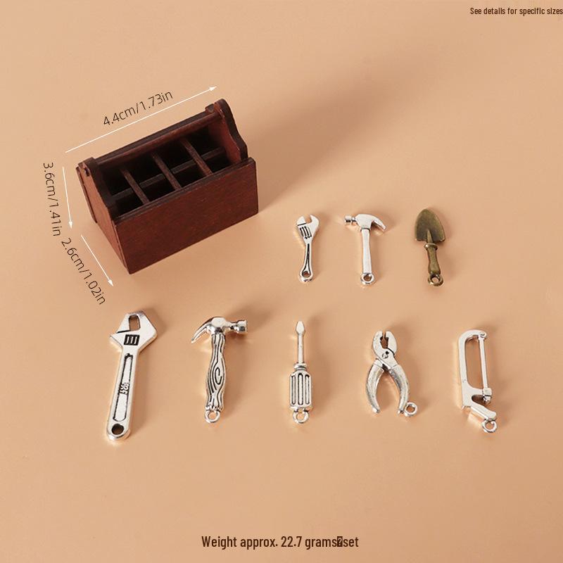Miniature Wooden Toolbox with Alloy Tools: Wrench, Axe, Hammer for Dollhouse