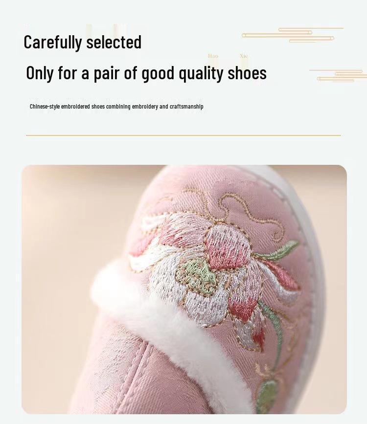 Girls' Winter Hanfu Shoes: Velvet-Lined Embroidered Cotton Boots with Non-Slip Soft Sole