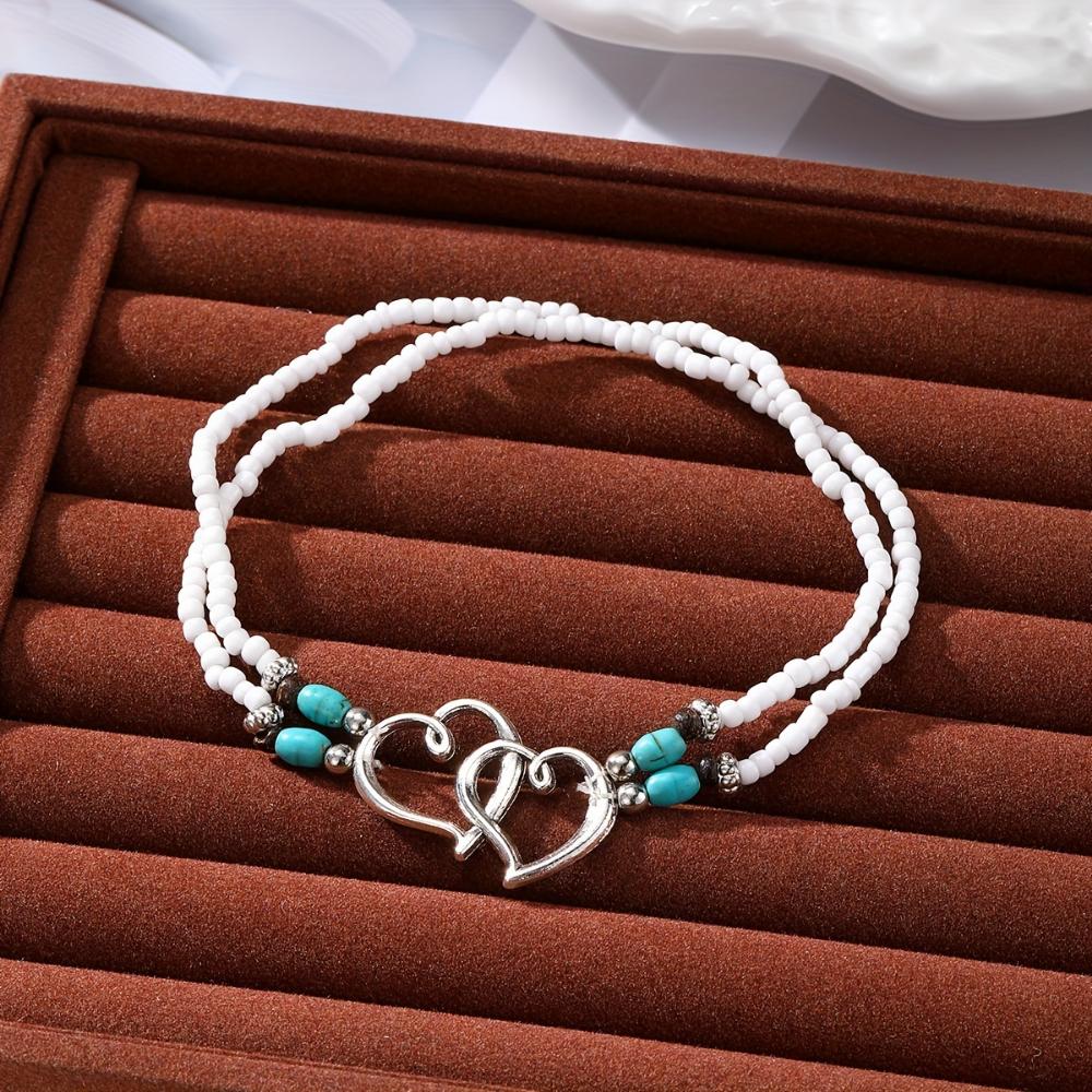 Dobbel Openwork Hjerte Perleanklettsett med Mini Rocailles Elegant Bøhmisk Stil Elastisk Anklett, Perfekt Gave til Vakre Kvinner