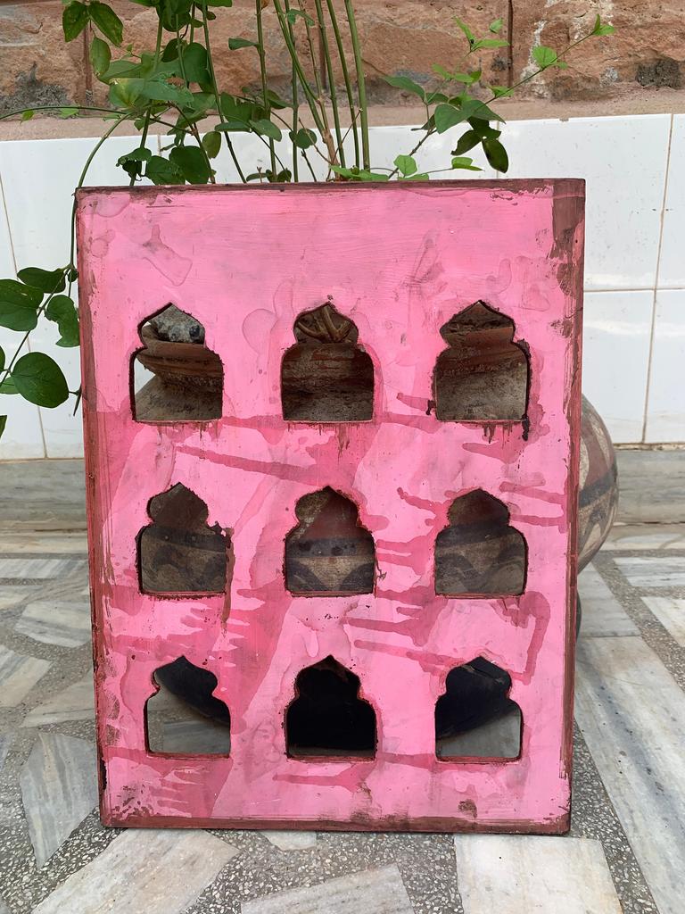 Hand Painted Wooden Jharokha Frame: Antique Pink Indian Wall Decor