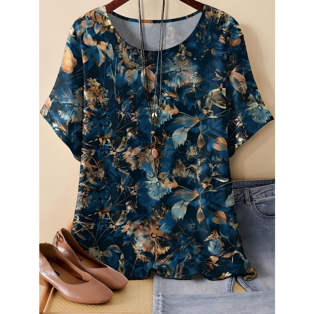 Summer Women's Vintage Style Flower Round Neck T-shirt 3D Printed Short Sleeved Fashionable Comfortable Soft Breathable Large Loose T-shirt